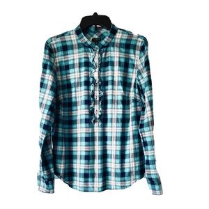 Talbots Teal Green Plaid Ruffle Button Up Shirt